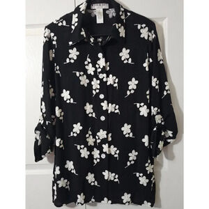 Brownstone Studio Black White Embroidered Button-Down Blouse Small
